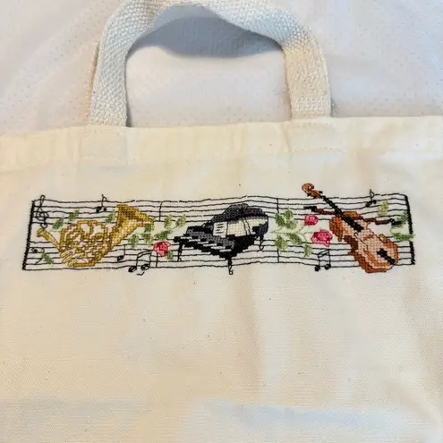 Music Themed Cross Stitch Needlepoint Small Tote Bag French Horn Piano Violin