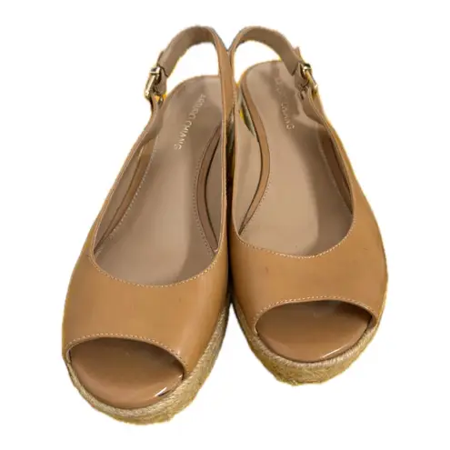 Arturo Chiang  Wedge Straw Heels Tan Patent Leather Open Toe Sling Back 9.5 Women