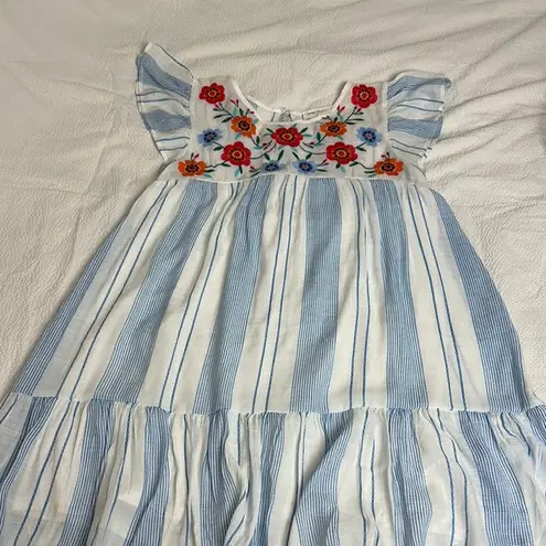 By the River Floral Embroidered Blue and White striped Dress Sz M Size M