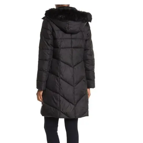 Larry Levine Faux Fur Trim Removable Hooded Long Puff Coat, Black, Small, NWT