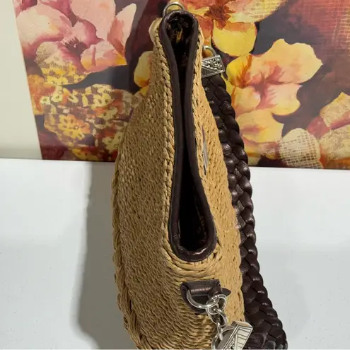Brighton  Brown Leather Trim Woven Straw Handbag Braided Accent Leopard Lining thumbnail 8