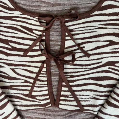 Et Clet Animal Print Knit Two-Tone Sweater Tie-Front Cardigan Bow Brown Sz Small