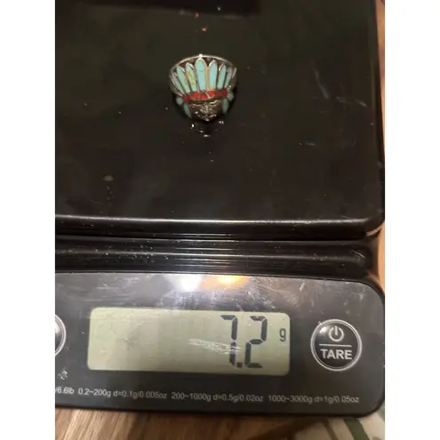 Native American Sterling Silver Turquoise Coral INDIAN CHIEF RIng sz 10.75