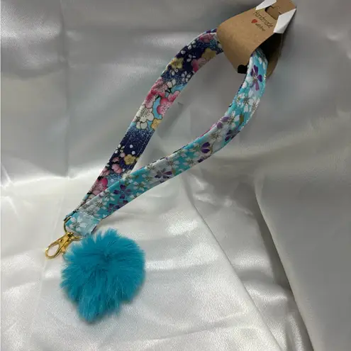 Handmade Blue and White Cherry Blossom Floral Wristlet Keychain with Blue Pompom