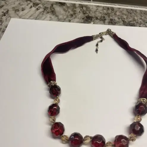 Monet Signed  Necklace Gold Tone Maroon Glass Bead / Ribbon - Beaded