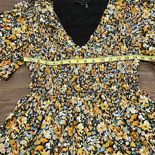 English Factory NWT Plunge Smocked Cotton Floral Mini Dress Yellow Black Blue XS