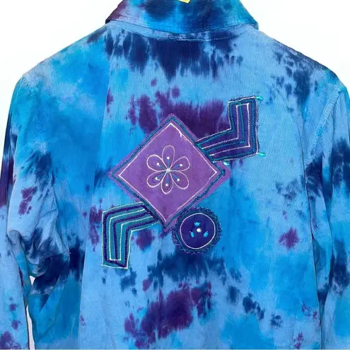Y2K 90’s corduroy blue purple patchwork tie die embellished button front shirt🌈 Size XL