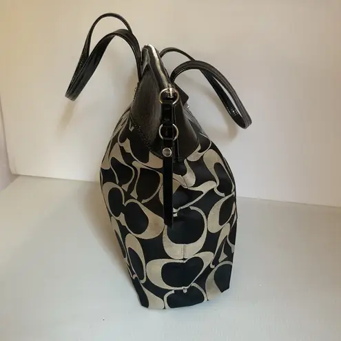 Coach Tote Bag Signature Black Khaki with Patent Leather Trim Purse