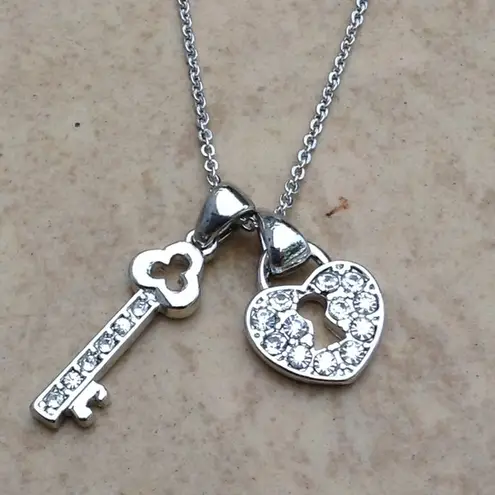 Silver Tone Heart Key Lock Double Pendant Necklace