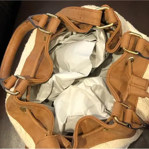 Ivory Embroidered Crochet Bucket Bag Brown Faux Leather Trim Crossbody Strap