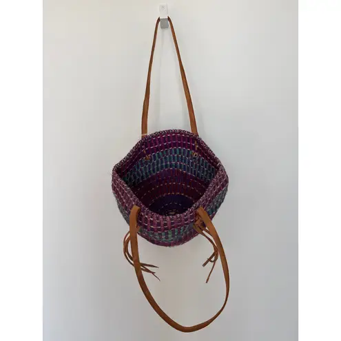 NWT Handwoven Purple & Teal Boho Retro Tote Bag with Leather Straps tassels