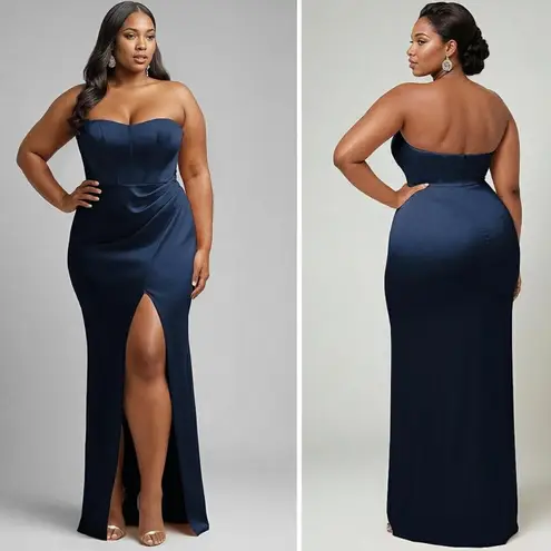 After Six Strapless Topstitched Corset Satin Maxi Dress Size 12 Blue