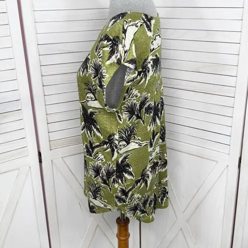 Tahari Tropical Island Print Linen Knit Cap Sleeve Tee Shirt Olive Green Small