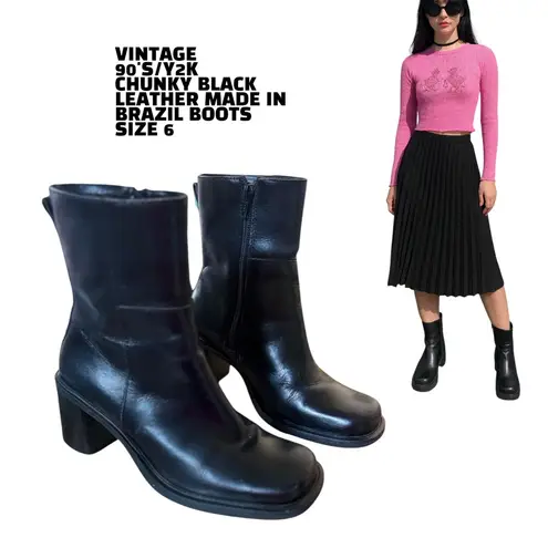 Vintage 90s Y2K Chunky Black Leather Boots Made in Brazil Size 6