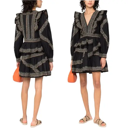 Ulla Johnson Anais Mini Dress Ruffle Embroidered V-Neck Black Noir Cotton 2 NWT