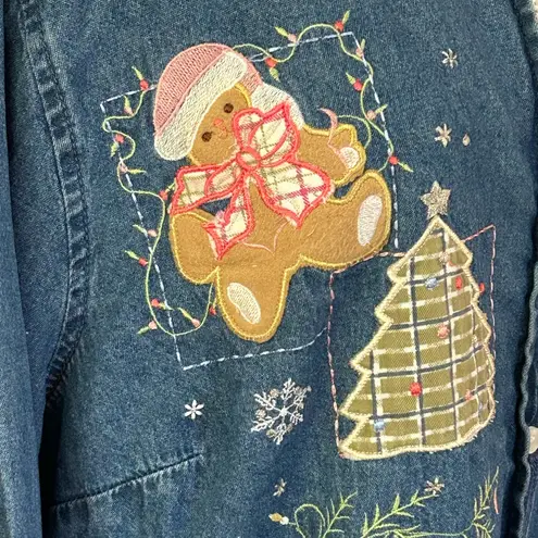White Stag VTG 90s Whimsical pastel Christmas snowmen gingerbread denim cottagecore top 18