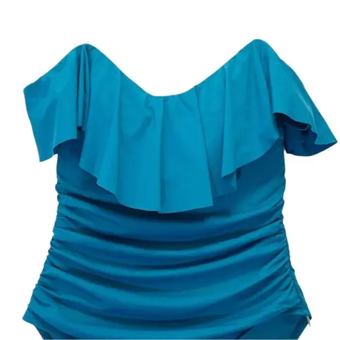 La Blanca Island Goddess Ruffle One Piece Swimsuit Caribbean Teal Blue Size 8
