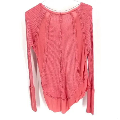 Free People  Catalina Pink Waffle Knit Raw Hem Boho Beach Long Sleeve Thermal Top