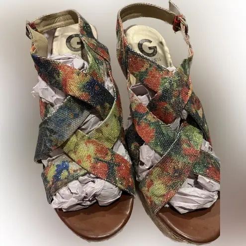 G by Guess Floral Vibrant Glitter Strappy Wedges Platform Shoes - Size 11M
