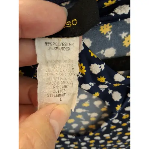 Expresso Blue and Yellow Floral Sleeveless Size L Open Twist Style Front Top Size L