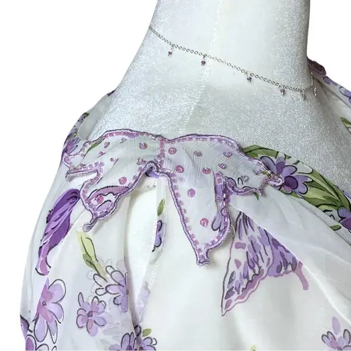 Vintage 90s Y2K White Purple Floral Butterfly Fairycore Top Large Easter Pastel