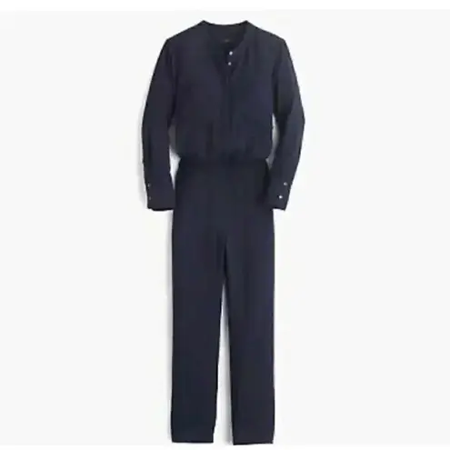 J Crew Women Navy Drapery Oxford Jumpsuit Long Sleeve Elastic Waist SZ 2 Blue