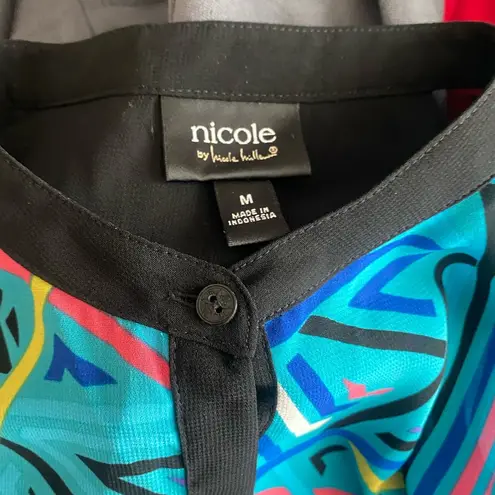 Nicole Miller Womens Sheer Blouse M Medium Black Teal Blue Pink Yellow Abstract