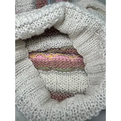 Handmade Knit White Pink Striped Crew Neck Sweater S Flowers