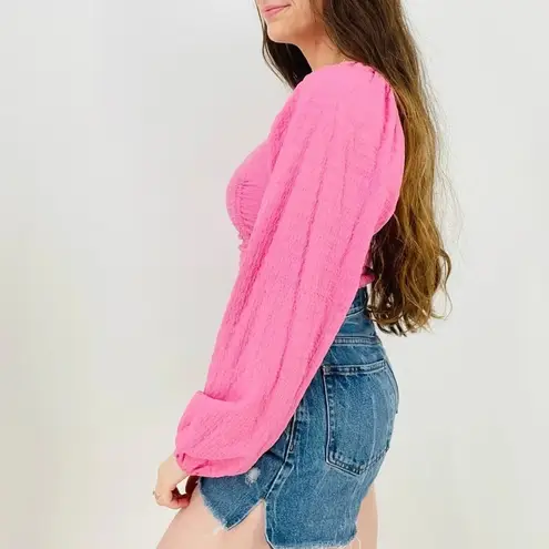 Revolve  Sophie Rue Ruched Longsleeve Cropped Top in Barbie Pink Size S