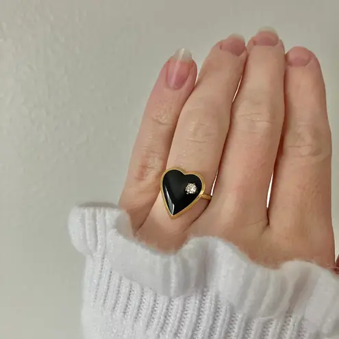 Black Heart & Rhinestone Gold Ring Onyx Obsidian Midnight Goth Classic Vintage Jewelry