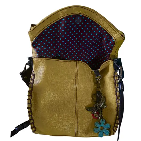 CHALA Mustard Pebbled Leather Crossbody Handbag with Dragonfly Charm.