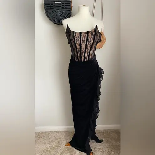 Miss Circle Black Lace Corset Velvet Ruffle High Slit Maxi Dress, Size XS