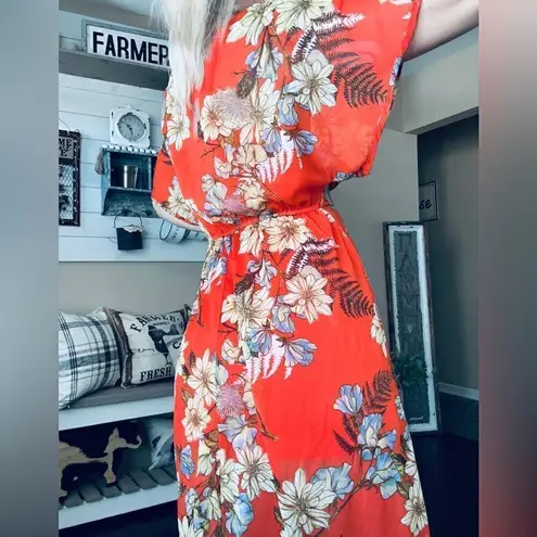 Love Fire Tropical Print Bohemian Floral Flutter Sleeve Semi Sheer Maxi Dress Orange