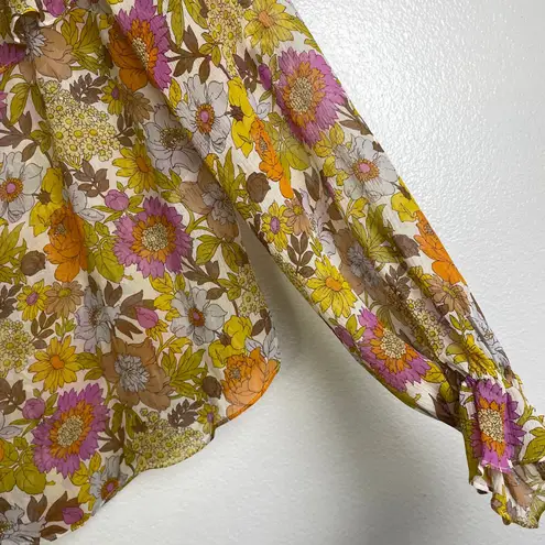 Veronica Beard Kitt Floral Silk Blouse Womens Size 2 Yellow Tie Neck Ruffle