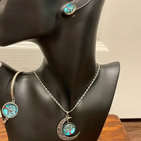 Liebe Engel Bracelet Earrings Necklace Pendant Life Tree Jewelry Set Silver Aqua