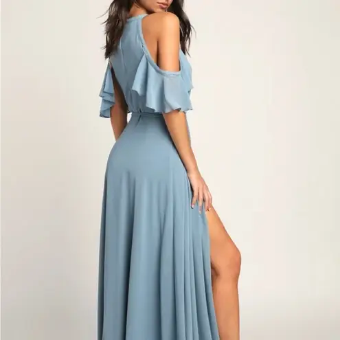 Lulus Lulu’s Easy Listening Slate Blue Cold-Shoulder Wrap Maxi Dress