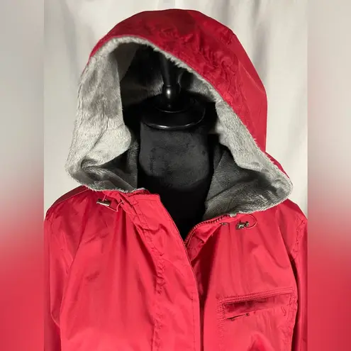 Natural Reflections Women Red Parka Rain Jacket Coat Lined Hooded Drawstring L