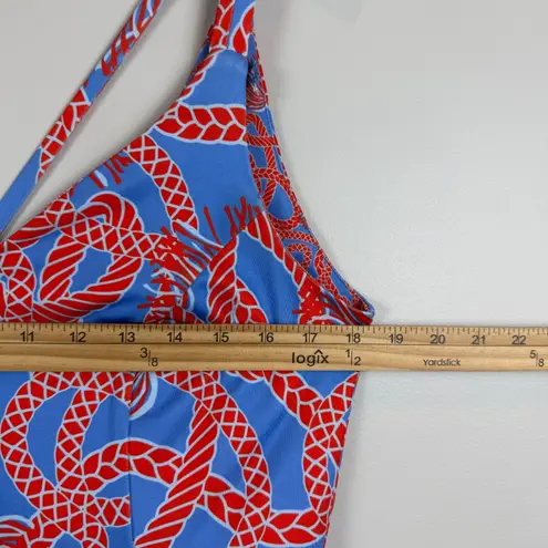 Gretchen Scott Jersey Swelt Dress Womens S Blue Red Ruffle Hem Tassle Time Scuba