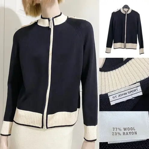 St. John Vintage Black/ Ivory Cream Wool Blend Jacket Skirt Set 2/S