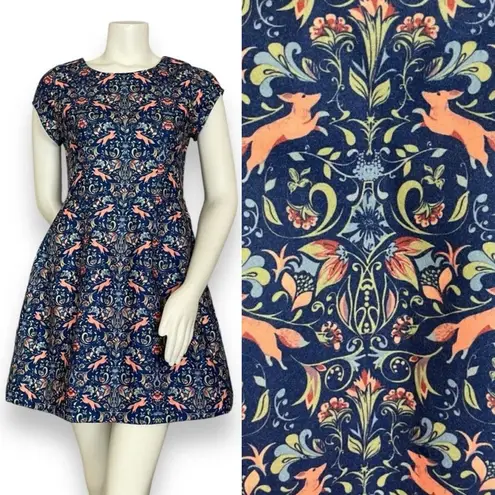 Pink Martini Dress Fox Print Blue Floral A-Line Lined Small Women Cap Sleeves