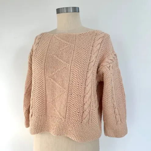 Vintage Peach Cable Knit Boat Neck Sweater Cropped Cozy Chunky Knit 80s 90s Pink Size XS