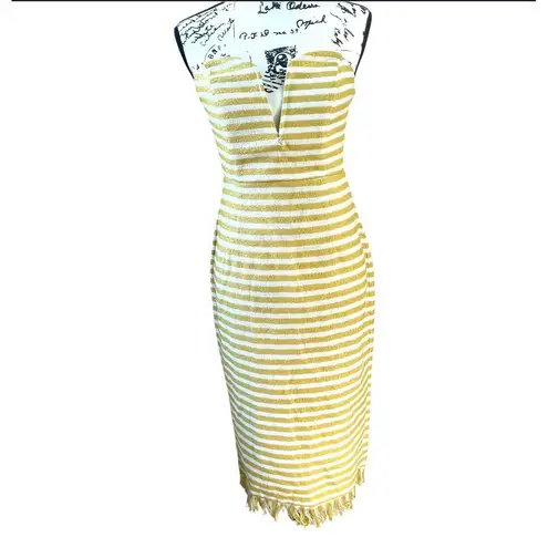 LPA Strapless Bodycon Dress Yellow White Stripe Midi Size Medium Fringe Hem