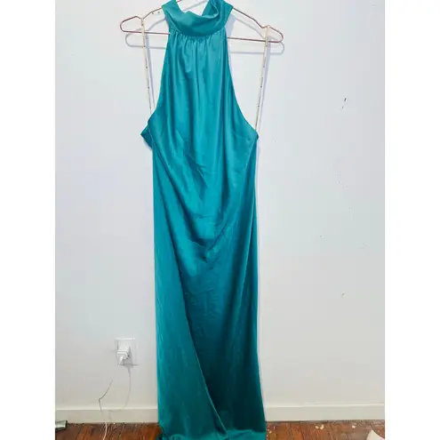 Faviana Green Satin Sleeveless Halter Neck Thigh-High Side Slit Gown Dress sz 14