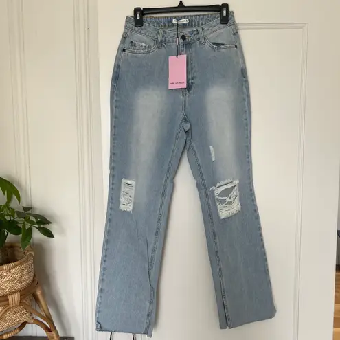 Avec Les Filles RIPPED JEANS SLIT HEM Raw Hem Wide Leg Jeans Light Wash NWT