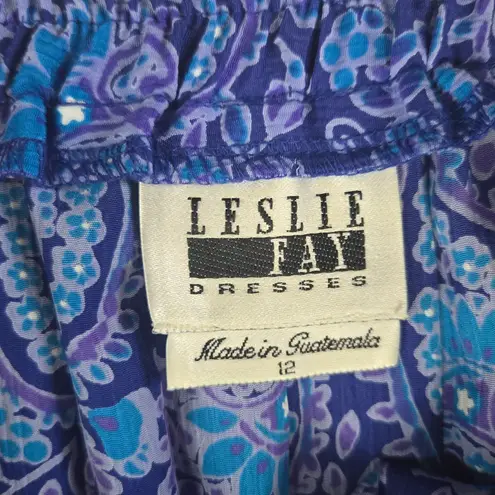 Vintage 1980s Blue Paisley Leslie Fay 3 Piece Skirt Blouse Scarf Set Size 10 Black