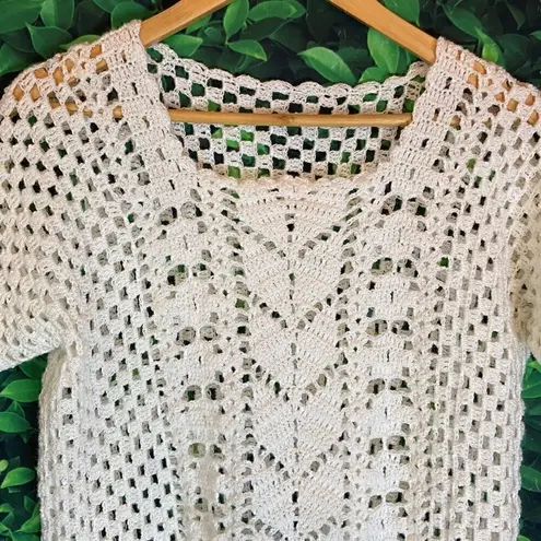 Crotchet style short sleeve white trendy see through top White Size undefined