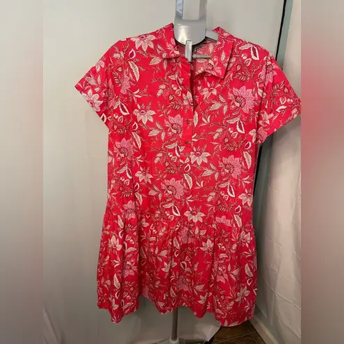 Ophelia Roe coral cotton floral drop waist‎ button down shirt sleeve shirt dress Red Size XL