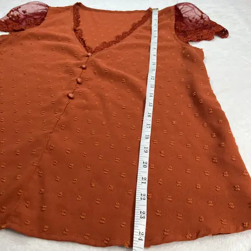 SheIn Frenchy Swiss Dot Guipure Lace Detail Embroidered Mesh Blouse Rust Orange