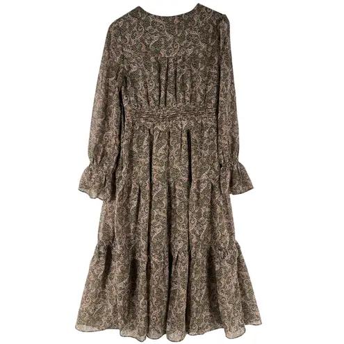 Love Riche Love Riche Chiffon Olive Paisley Ruffle Long Sleeve Peasant Tiered Maxi Dress M