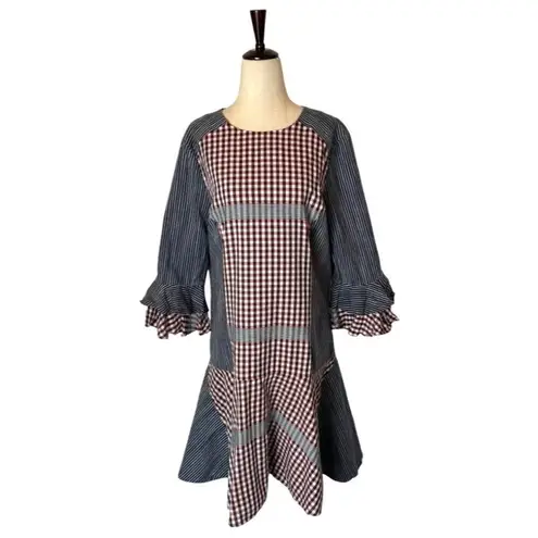 Badgley Mischka Dress Women 14 Blue Red Stripe Plaid Day Dress Mini Prairiecore
